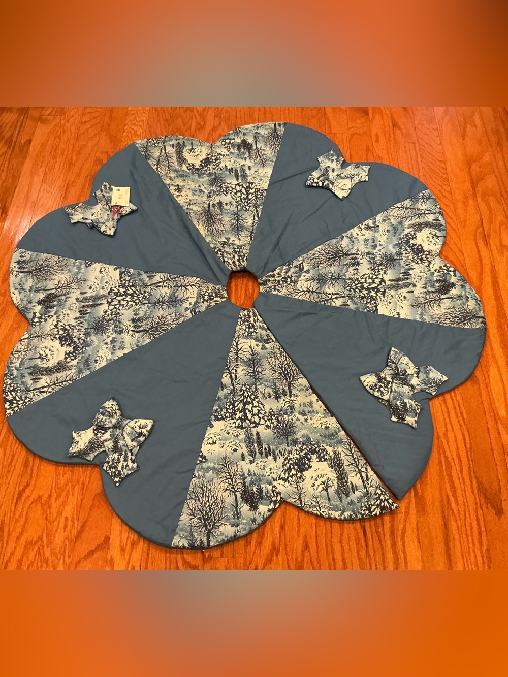 Handmade Blue Winter Woodland Tree Skirt with Bows